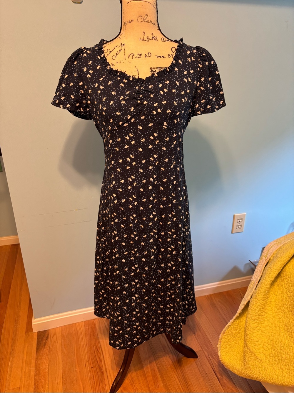 LOFT Blue Floral Midi Dress with White Ditsy Print